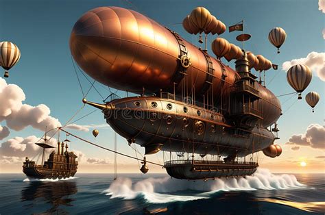 Skies Of Steam Steampunk Airship Towering Over The Ocean S Surface