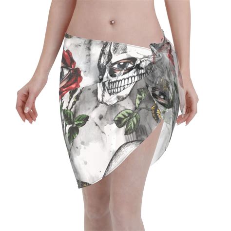 Adobk Women Beach Sarong Bathing Suit Skulls Roses Print Wrap Skirt