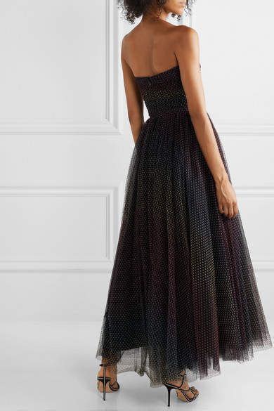 Monique Lhuillier Ruched Polka Dot Flocked Tulle Gown Black Tulle