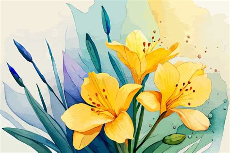 Freesia Flower Watercolor Art And Illustration Created With Ai Stock