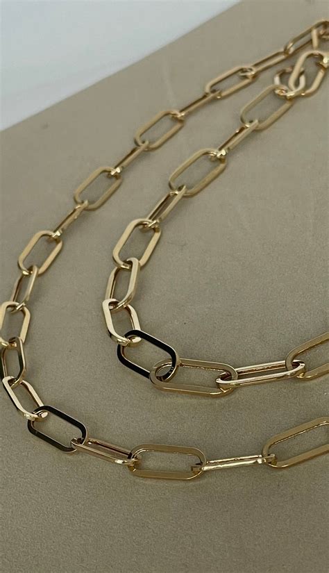 Solid 14k Real Gold Italian Style Paperclips Chain For Women Anti