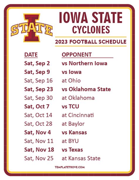 Printable 2023 Iowa State Cyclones Football Schedule