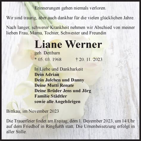 Traueranzeigen Von Liane Werner Abschied Nehmen De