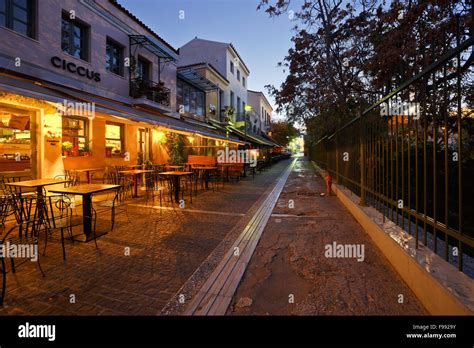 Bars And Coffee Shops In Thissio Near Ancient Agora In Athens Stock