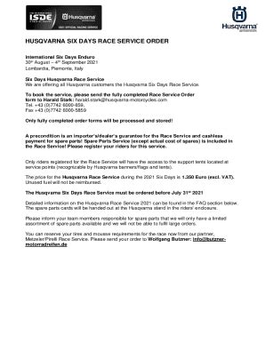 Fillable Online Husqvarna Six Days Race Service Order Fax Email Print