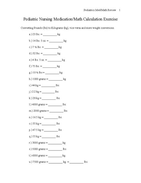 Med Math Review 1 Med Math Practice W Answers Pediatric Nursing Medication Math Calculation