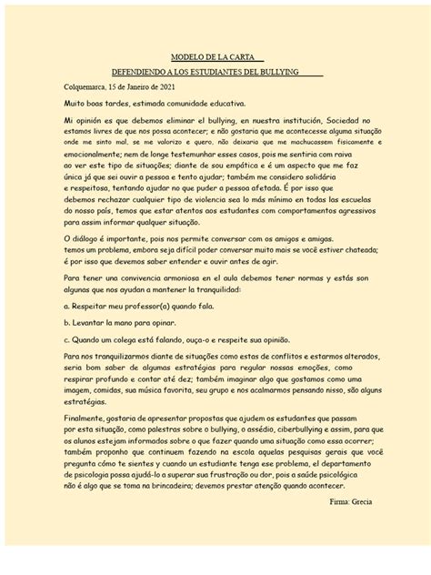 Carta Sobre O Bullying - Modelo da Carta | PDF | Assédio moral/bullying | Psicologia