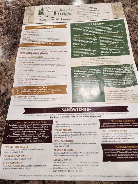 Menu At The Creekside Lodge Restaurant Crawfordsville