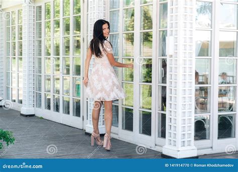 Cute Brunette With Beautiful Long Legs Posing In Beige Colour Dress Outside Near A Wooden And