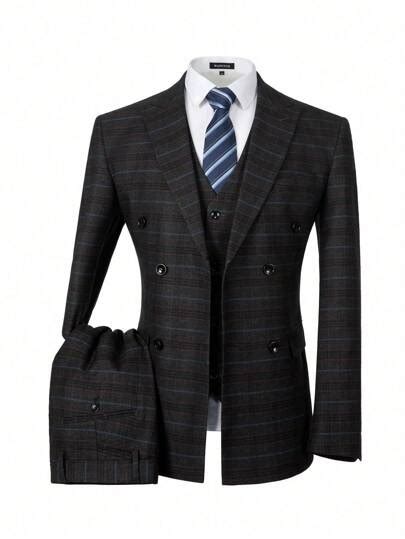 Men S 3pcs Set Peak Lapel Double Breasted Plaid Blazer Single Breasted Vest And Dress Pants