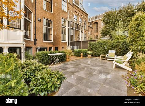 An Outside Area With Some Plants And Flowers On The Ground In Front Of