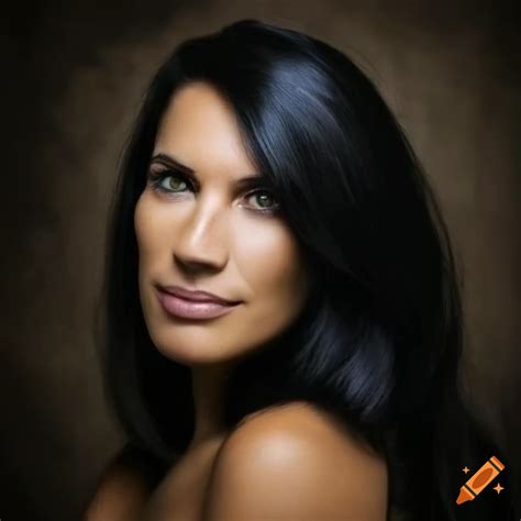 Portrait Of A Tan Woman With Long Black Hair And Dark Green Brown Eyes