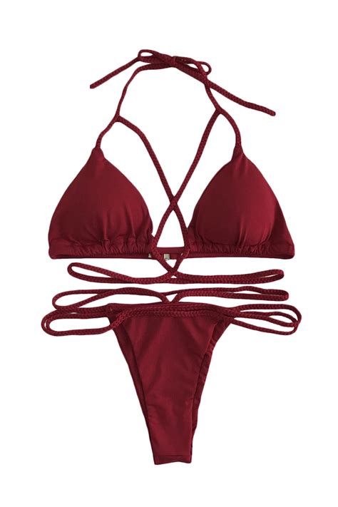 Iyasson Sexy Solid Color Strappy Halter Neck Bikini Set