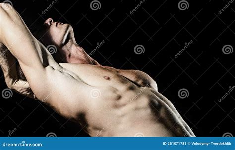 Seductive Gay Muscular Body Of Man On Black Background Strong Brutal Guy Torso Male Flexing