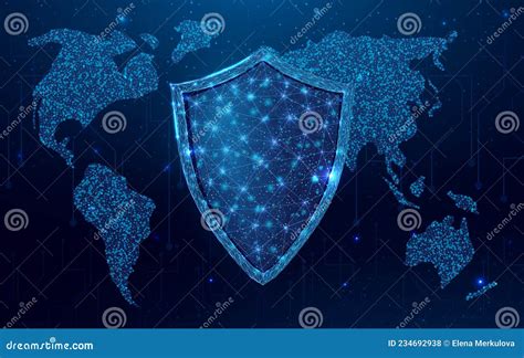 Wireframe Polygonal Shield With Globe Map Cyber Security World