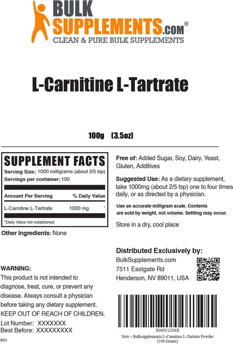 BulkSupplements L Carnitina L Tartrato En Polvo Suplemento De