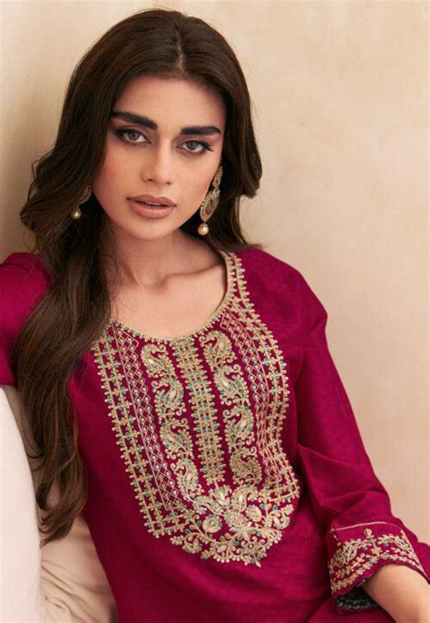 Buy Embroidered Art Silk Pakistani Suit In Fuchsia Online Kch