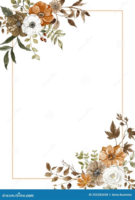 Watercolor Autumn Floral Frame Corner Border With Rust Birnt Orange