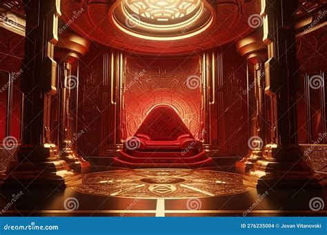 Royal Throne Room In Red And Gold Color In Futuristic Style Ai