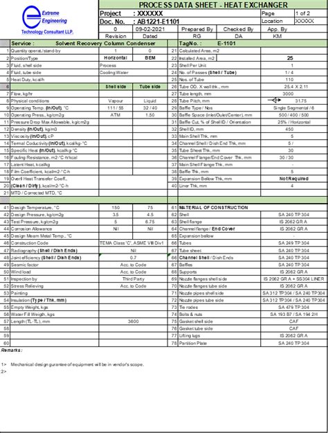 Process Data Sheet – Shell & Tube Heat Exchanger - ChemEnggHelp