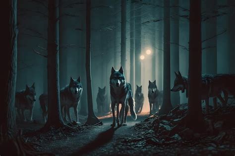 Premium Ai Image A Pack Of Wolves In A Dark Forest With The Light