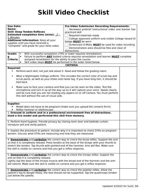 BSN346 Reproduction ISB 2 Deep Tendon Reflexes Checklist 1 Skill