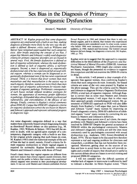 Sex Bias In The Diagnosis Of Primary Orgasmic Dysfunction