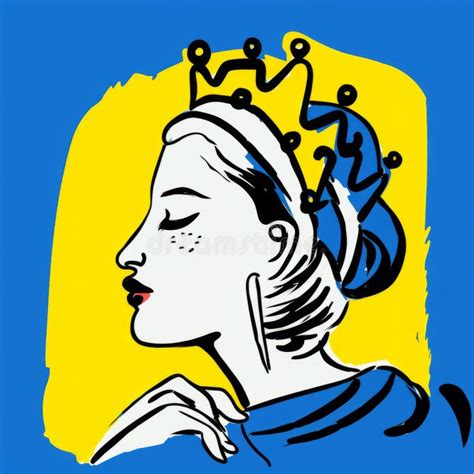 Pop Art Cartoonish Illustration Of Queen In Crown With Blue And Yellow