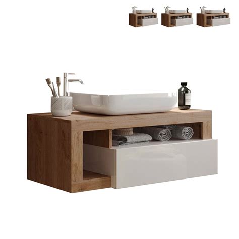 Kura BW Mobile Bagno Moderno Sospeso Con Lavabo Cassetto Legno Bianco