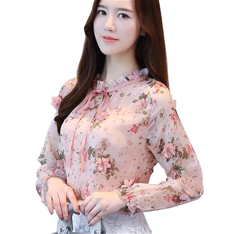 2017 Spring Autumn The New Korean Casual Chiffon Blouse Pink Blue