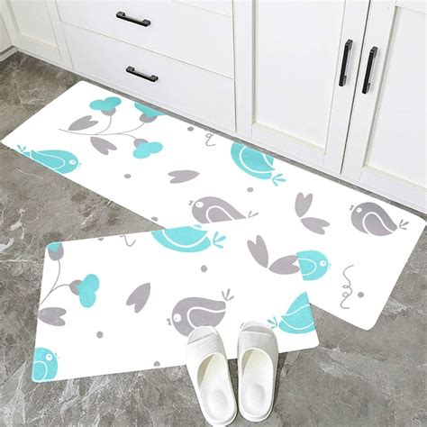 Juego de 2 Piezas Alfombra de Cocina Impermeable Pájaros y Flores