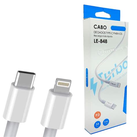 Cabo de Dados Lightning x USB C 5V 3A PD 1 Metro Carregamento Rápido