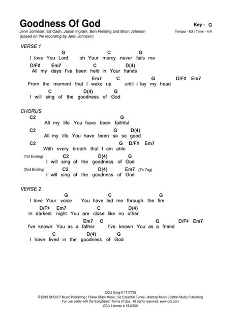 Goodness Of God Songselect Chart In G Pdf