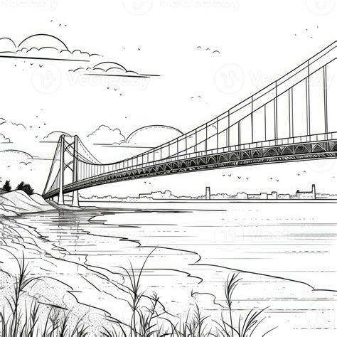 Minimalist Continuous Line Drawing Of A Giant Bridge Over A River