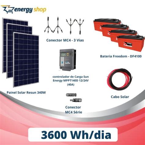 Kit Energia Solar OFF Grid até 3600 Wh Dia