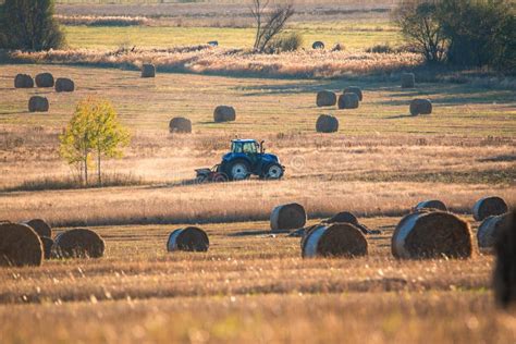 Tractor Collecting Straw Bales Sun Bulgaria Farming Agriculture Minimal