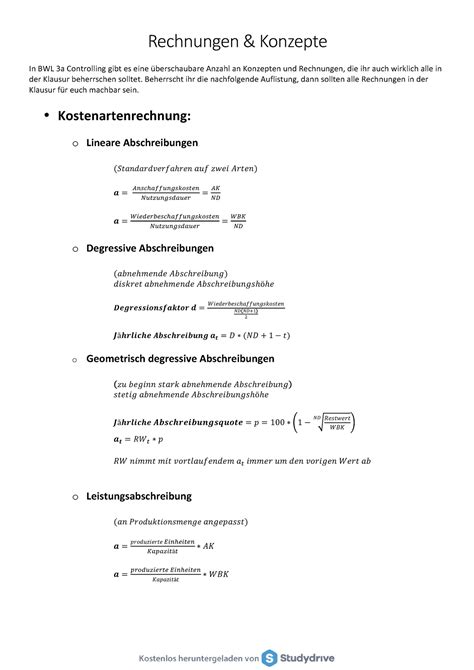 Formelsammlung Controlling Rechnungen Konzepte In BWL 3a