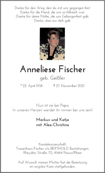 Alle Traueranzeigen für Anneliese Fischer trauer rp online de