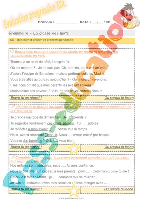 Evaluation Progressive Par Comp Tences Pronom Cycle Pdf Imprimer