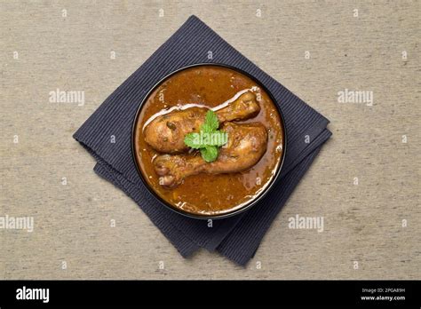 Top View Of Spicy Chicken Curry In Bowl Indian Style Non Veg Food