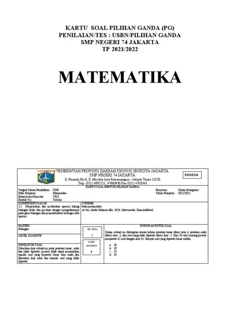 Kartu Soal Us Matematika 2021 2022 Pdf