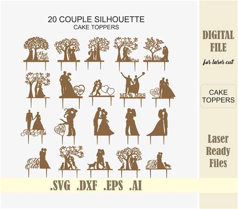 20 Couple Silhouette Wedding Cake Toppers Svg Laser Cut Files Bride And Groom Tree Cake Topper