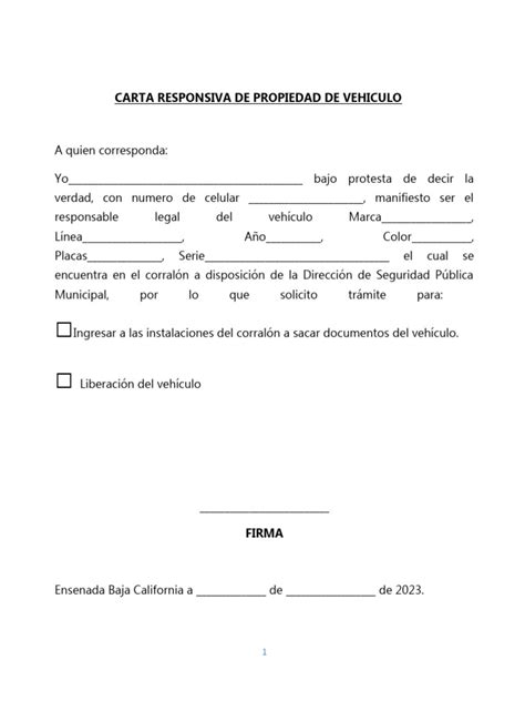 Carta Responsiva De Propiedad De Vehiculo 2022 Pdf