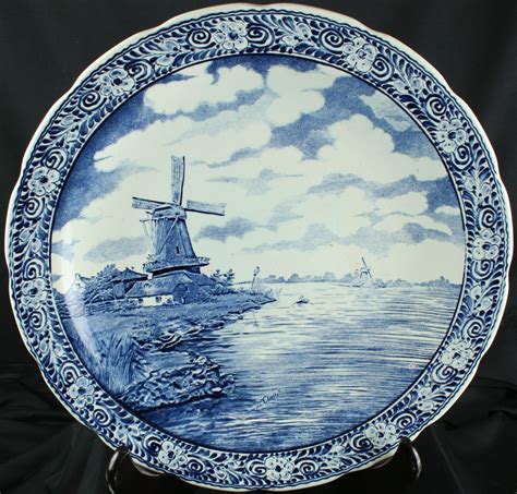 Large Vintage Blue Delft Charger Plate Showing A Dutch Windmill On A