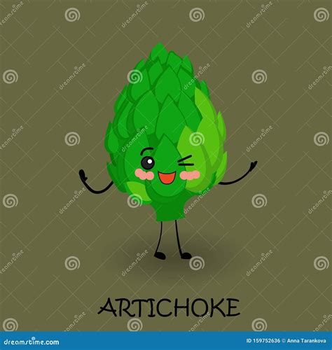 Cute Cartoon Artichoke Tasty Vegetables Vegan Character With Eyes And