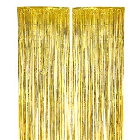 2 Pack 3ft X 8ft Gold Metallic Tinsel Foil Fringe Curtains Photo Backdrop Door Curtain Wedding