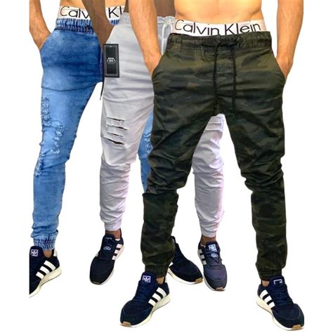 Calças Jeans Sarja Masculina Jogger C Punho Lycra KIT 3 PEÇAS