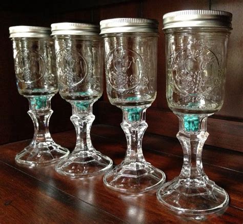 Four Mason Jar Wine Glass With Organic Turquoise By Seventrees 3200 With Images Mason Jar