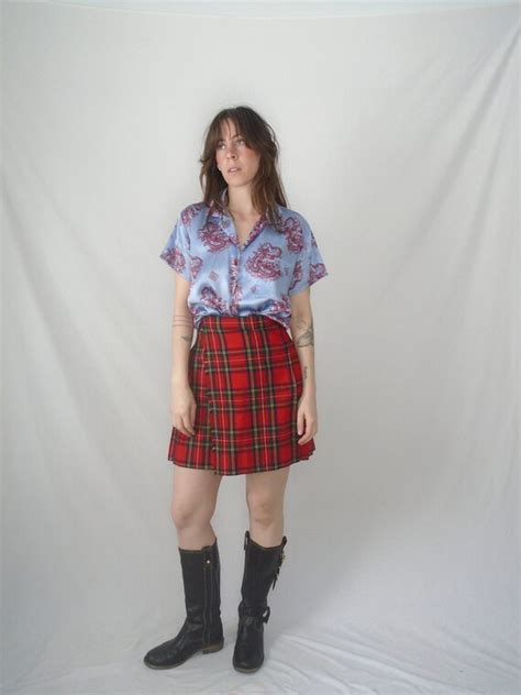 Red Wool Stewart Plaid Pleated Mini Skirt Vintage 6 Gem