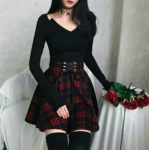 Gothic Harajuku Red Black Lace Up Plaid Skirt Rock N Doll